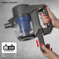 ProfiCare 2in1 Hand-und Bodenstaubsauger PC-BA 3036 A, Leistungsstarker 22,2 V Lithium Ionen Akku, HEPA-Filter, Spezialbürste Für Polster U. Textilien, Inkl. Wandhalterung, Anthrazit-blau -Reinigungsgeräte Laden 1627db83796bc54ee61e9591b67847aa