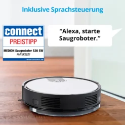 MEDION Saugroboter Mit Wischfunktion Und Zyklon Technologie S20 SW (Alexa App Steuerung, Modell 2021, Extra Flach, Regulierbare Wasserabgabe, Ladestation, Tierhaar Allergiker Optimiert) -Reinigungsgeräte Laden 28413e598262052f1068fa27291c4d6a
