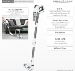 ProfiCare 2in1 Hand-und Bodenstaubsauger PC-BS 3037 A, Leistungsstarker 29.6V Lithium Ionen Akku, Turbo-Modus, Inkl. Wandhalterung Mit Ladefunktion, Weiß-Silber -Reinigungsgeräte Laden 29fb8f42ad7b3ae5e27f780881eb7890