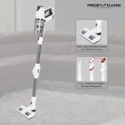 ProfiCare 2in1 Hand-und Bodenstaubsauger PC-BS 3037 A, Leistungsstarker 29.6V Lithium Ionen Akku, Turbo-Modus, Inkl. Wandhalterung Mit Ladefunktion, Weiß-Silber -Reinigungsgeräte Laden 37561719251a744dee715590e4bc4e2d