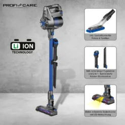 ProfiCare 2in1 Hand-und Bodenstaubsauger PC-BA 3036 A, Leistungsstarker 22,2 V Lithium Ionen Akku, HEPA-Filter, Spezialbürste Für Polster U. Textilien, Inkl. Wandhalterung, Anthrazit-blau -Reinigungsgeräte Laden 65644b3a0f9c4388827fd59944a92c17