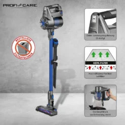 ProfiCare 2in1 Hand-und Bodenstaubsauger PC-BA 3036 A, Leistungsstarker 22,2 V Lithium Ionen Akku, HEPA-Filter, Spezialbürste Für Polster U. Textilien, Inkl. Wandhalterung, Anthrazit-blau -Reinigungsgeräte Laden 77449ae41c533a28d2b10e72930e7863