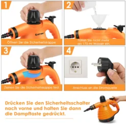 COSTWAY Dampfreiniger Inkl. 9 Zubehör, Handdampfreiniger, Dampfreinigen Handgerät 3 Bar / 250ml / 1050W / 4min Aufheizzeit/für Teppiche, Vorhänge, Autositze, Küche (Orange) -Reinigungsgeräte Laden ab6b72575a02a7bb3d09a5f17951ac61